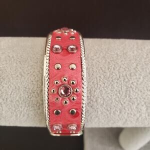 Pink and Silver Tone Cuff Bracelet with‎ Faux Leather and Rhinestone Accents
